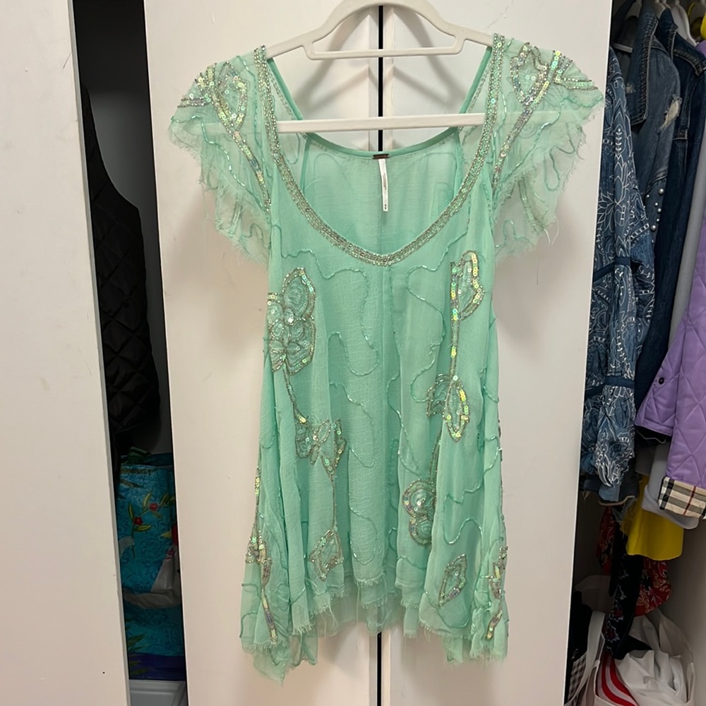 Sea Foam Green Beaded Free People Blouse